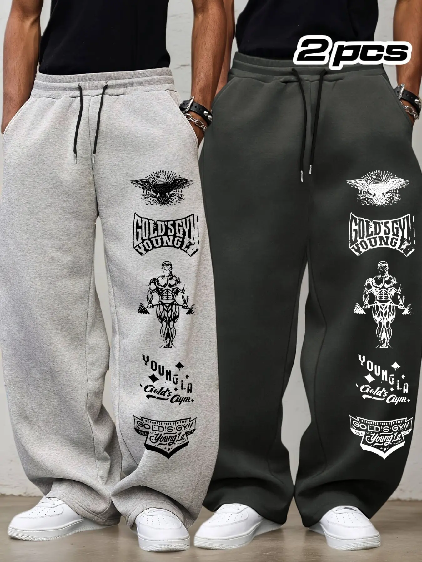 Men's 2-Piece Loose Drawstring Letter Print Sport Pants, Knitted Sports Pants, Logo Sweatpants, Adjustable Waist, Outdoor Fitness Long Pants, Casual Straight Leg