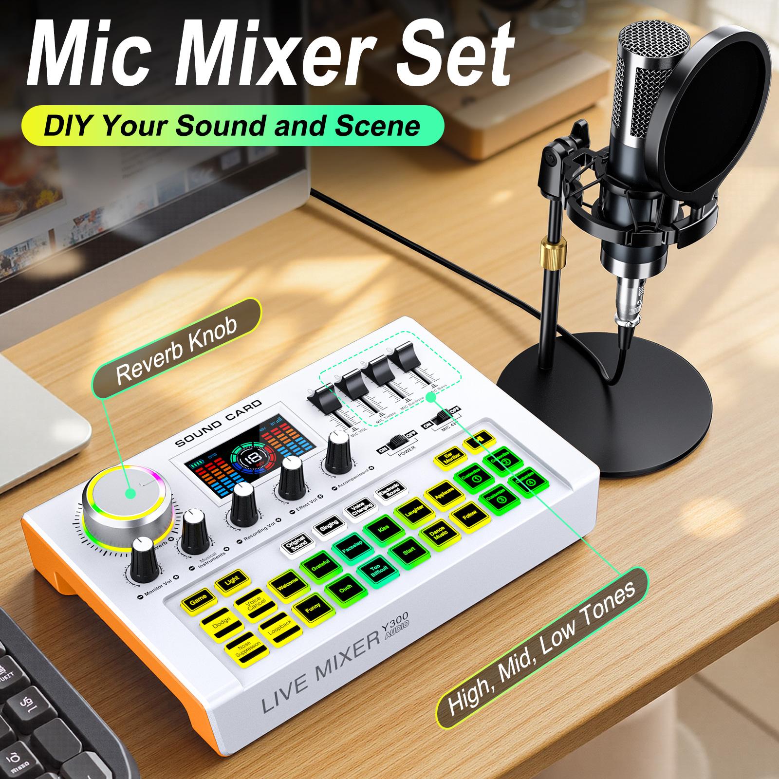 Y300 Audio mixer Podcast Equipment Bundle, Audio Interface with Cardioid Designer P15 Mic for Gamer and All-in-One DJ Mixer, Perfect for Live Streaming, Singing, YouTube, Gaming
