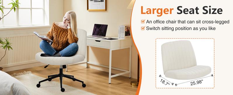 Furnest Furniture Indoor Furniture Chairs Criss Cross Office Chair with Wheels, Wide Armless Home Office Desk Chair with Dual-Purpose Base, Swivel Adjustable Task Vanity Computer Chair