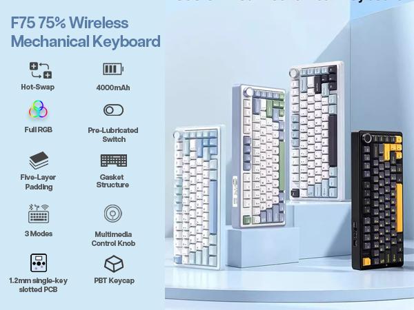 EPOMAKER x AULA F75 75% Gasket Wireless Mechanical Keyboard with Multimedia Control Knob, Full-Key Hot-Swap Functionality & Vibrant RGB Illumination Tri-Mode USB-C/BT 5.0/2.4GHzb keyboards for gaming creamy keyboard TikTokShopJumpstartSale