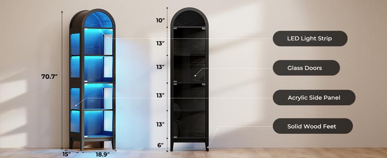 BROTTAR Arched Display Cabinet with Glass Doors, 71" Narrow Curio Cabinet with LED Lights for Collectibles Bookcase, 5-Tier Showcase Glass Display Case with Human Body Sensor for Living Room, Black