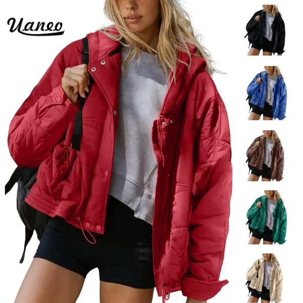 UANEO Women's Oversized Quilted Puffer Jacket Hooded Long Sleeve Lightweight Warm Coat With Pockets