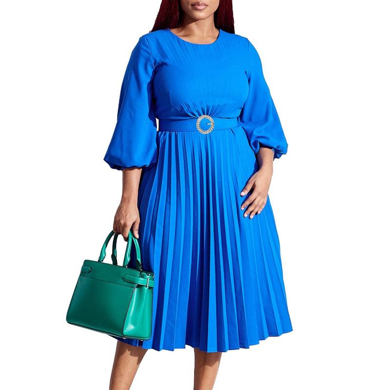 Women’s Pleated Midi Dress with 3/4 Puff Sleeves, Round Neck and Ring-Buckle Belted Waist, A-Line Silhouette with Back Keyhole — Elegant Choice for Work, Church & Wedding Guests
