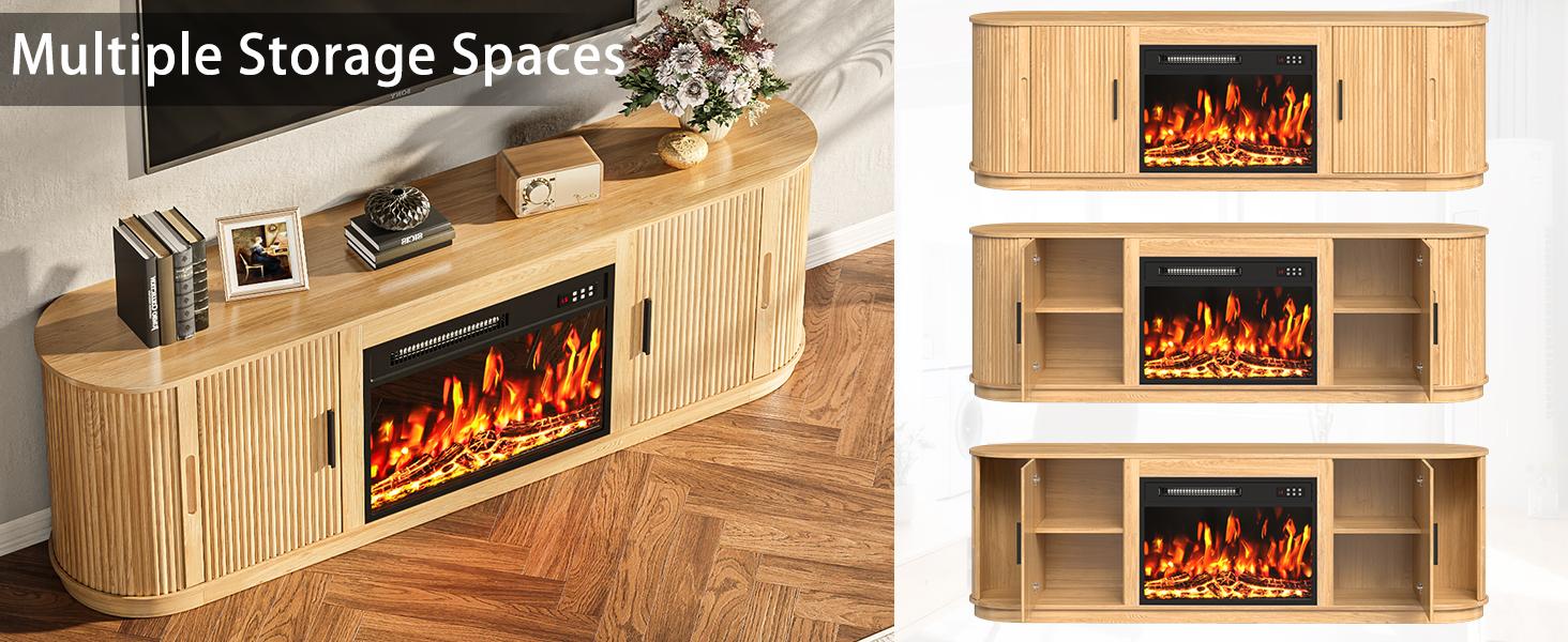 PUKAMI 70" Fluted TV Stand with 23" Electric Fireplace, Modern Wood Cabinet with Fireplace for TVs Up to 80 inches, Curved Edge, Entertainment Center with Sliding Doors for Living Room, Natural Wood
