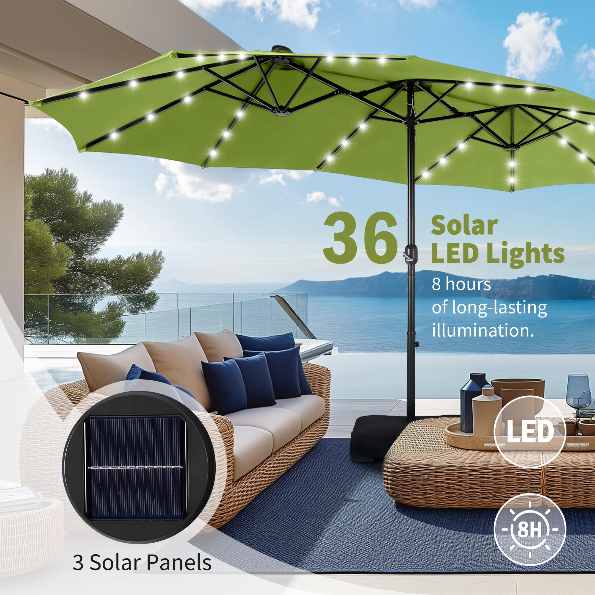 PHI VILLA Double-Sided Outdoor Patio Umbrella 15 ft Large with Crank, Steel Pole, Metal Frame, Includes Base, Easy to Clean, Solar LED Lights