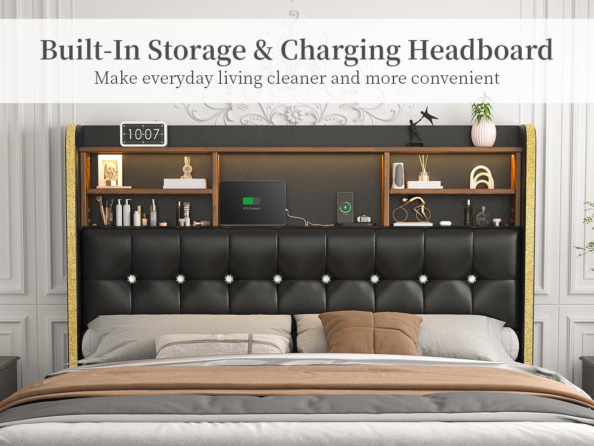 California King Bed Frame with Bookcase Storage Headboard and 2 Drawers, 52" Ultra-High LED Bedframe with Charging Station, Linen Upholstered Crystal Button Tufted Wingback Beds with Footboard,Black/White/Cream/Gray