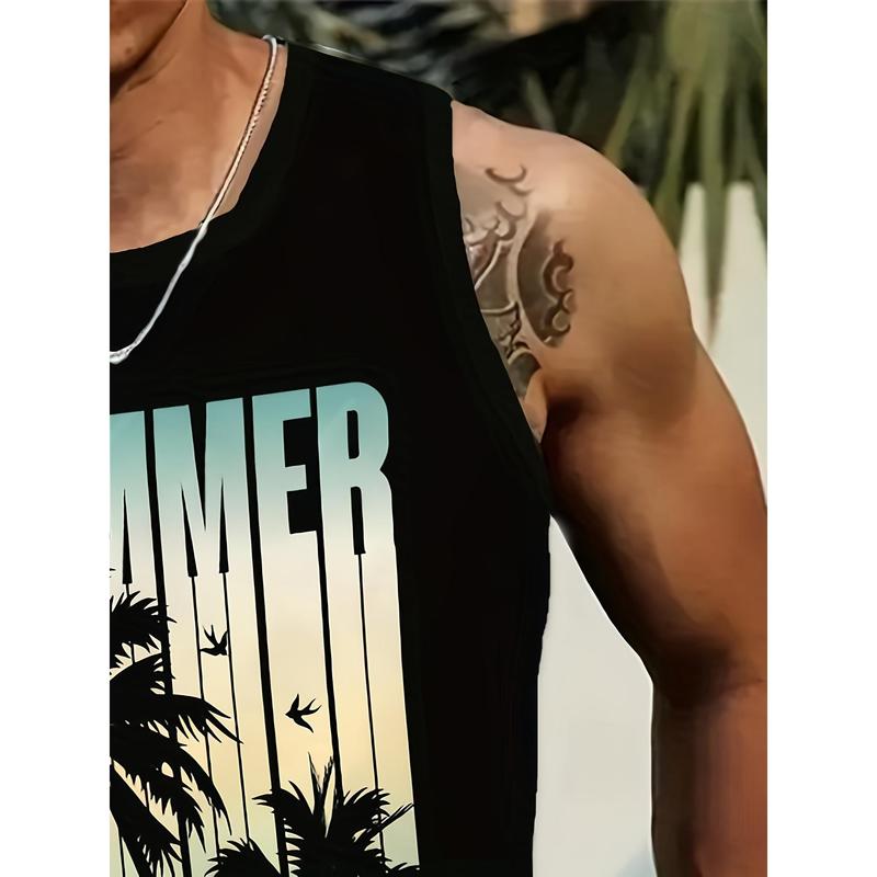 Men'S Summer Tank Top Featuring a High-Definition Hawaiian Print, Perfect for Outdoor Sports, Fitness, And Vacations; a Casual, Comfortable, And Breathable Shirt.