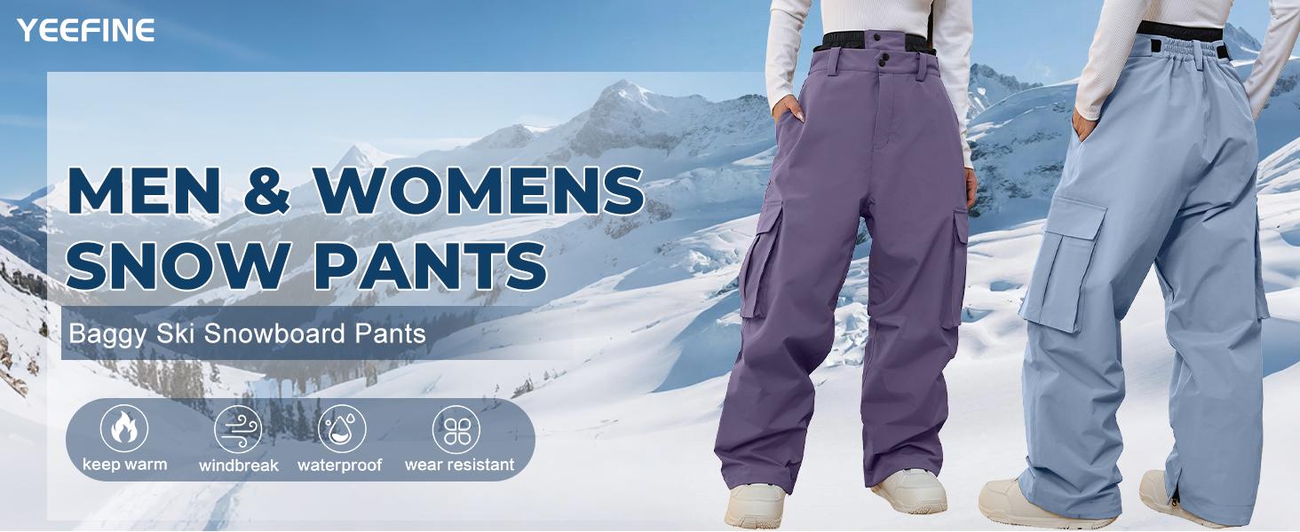 YEEFINE Men and Women's Snow Snowboard Pants Loose Fit Insulated Waterproof Unisex Baggy Cargo Ski Pants Bibs Warm Winter
