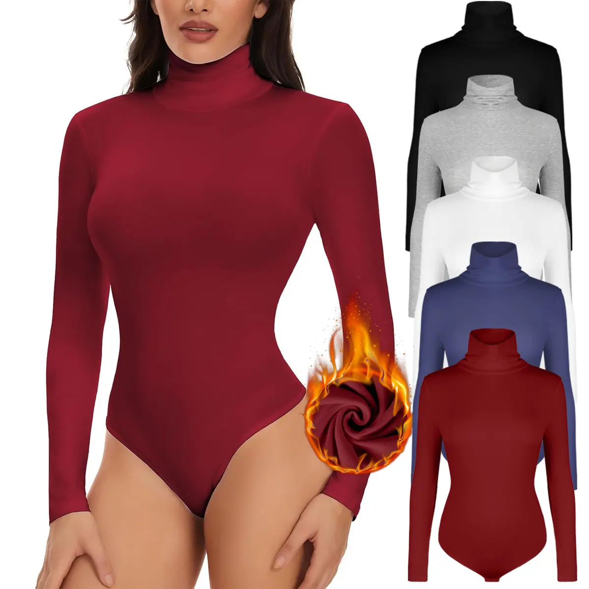 Bodysuit for Women, Solid Turtleneck Long Sleeve Stretch Top, Casual Warm Layering Shirt for Fall and Winter, High Neck, Birthday