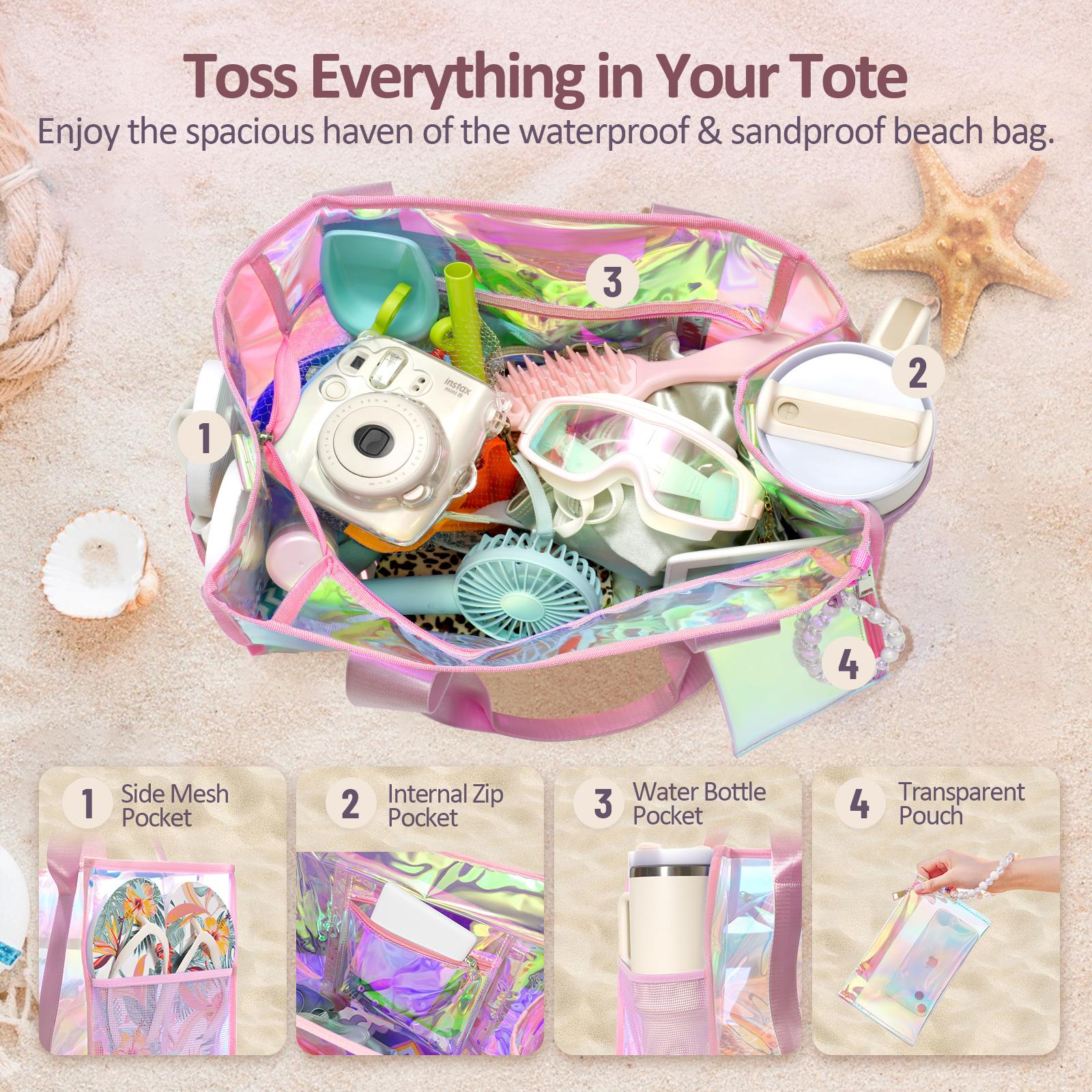 Crawing Beach bag Iridescent 26L Tote Bag Waterproof Clear Bag for Women with Zipper & Phone Pouch Tip-Proof Crossbody Bag Travel Bag
