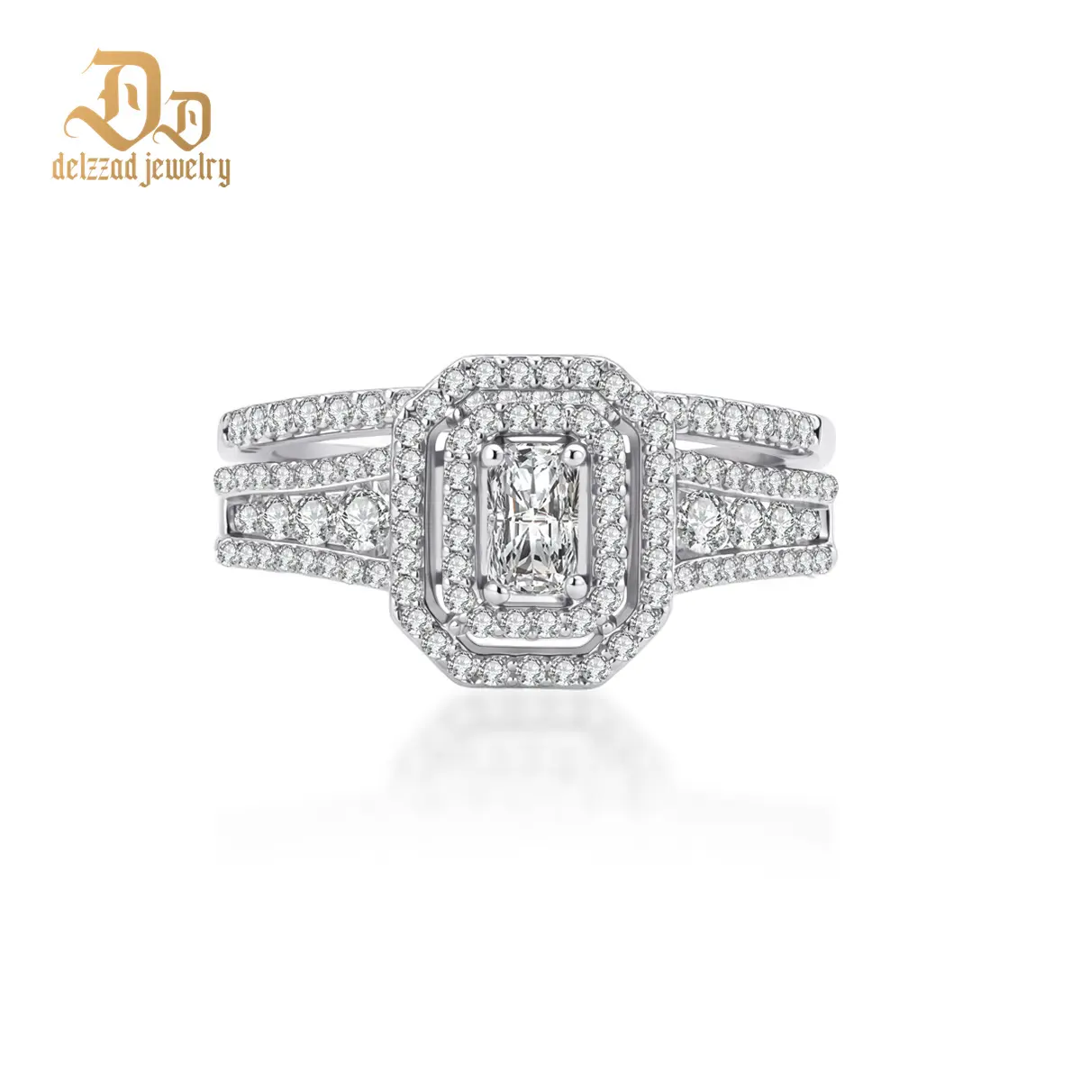Delzzad 14K Gold-Plated 1.3ct Imperial Halo Band Double Halo Engagement Ring Luminous Theater Ring Heirloom Wedding Ring VVS Synthetic Moissanite Ring Jewelry Copper Band Perfect Engagement Wedding Anniversary Christmas Gift