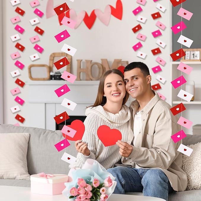 Valentine's Day Decoration Heart Envelope Garland Love Letter Banner Felt Heart Garland Banner Hanging Heart Decorations Rustic Farmhouse Hanging Decor for Wedding Anniversary Gothic Bridal Shower Party Fireplace Mantle Wall Door Room Bedroom Home Decor