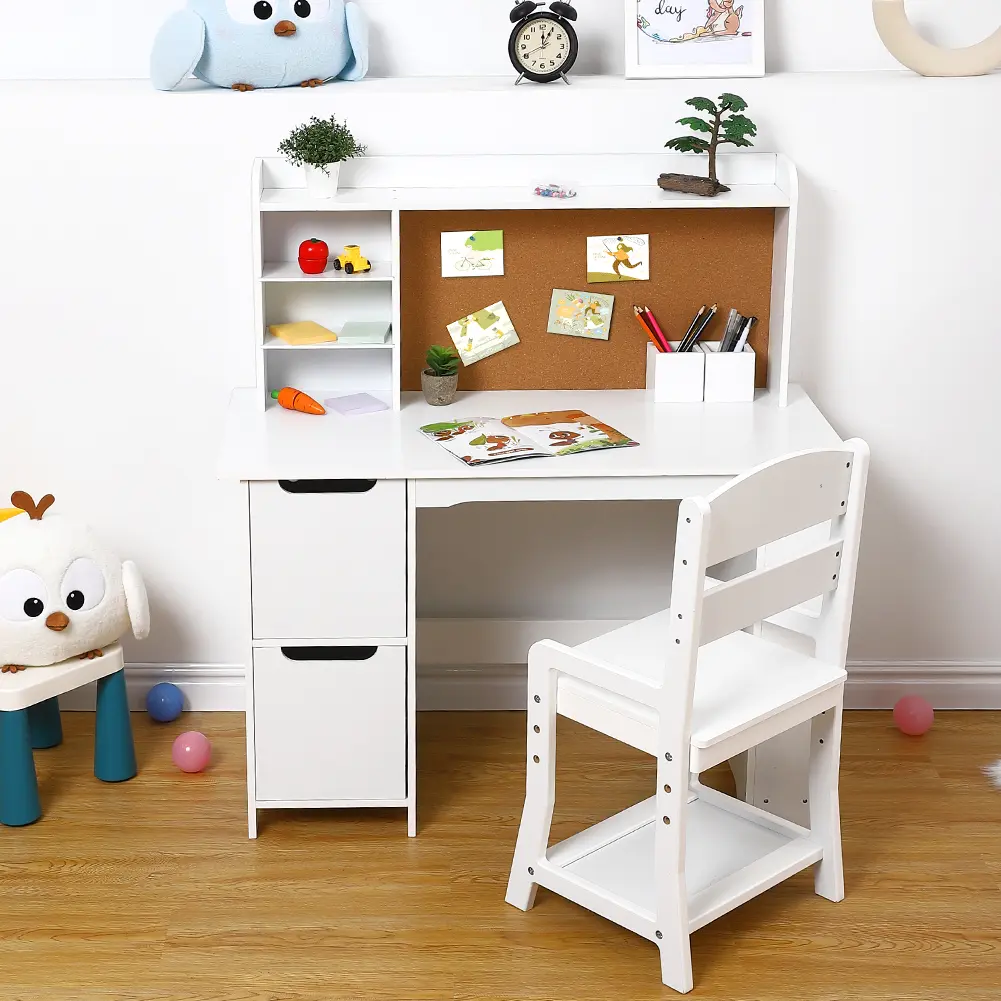 Desk and Chair Set, Wooden Study Table with Storage Shelf, Bulletin Board, School Learning Desk Set, Writing Table for Boys and Girls, White