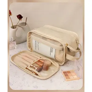 Travel Toiletry Bag for Women, Cosmetic Makeup Bag Organizer, Large Wide-open Travel Organizer for Toiletries, Dopp Kit Makeup Case for Accessories-Beige