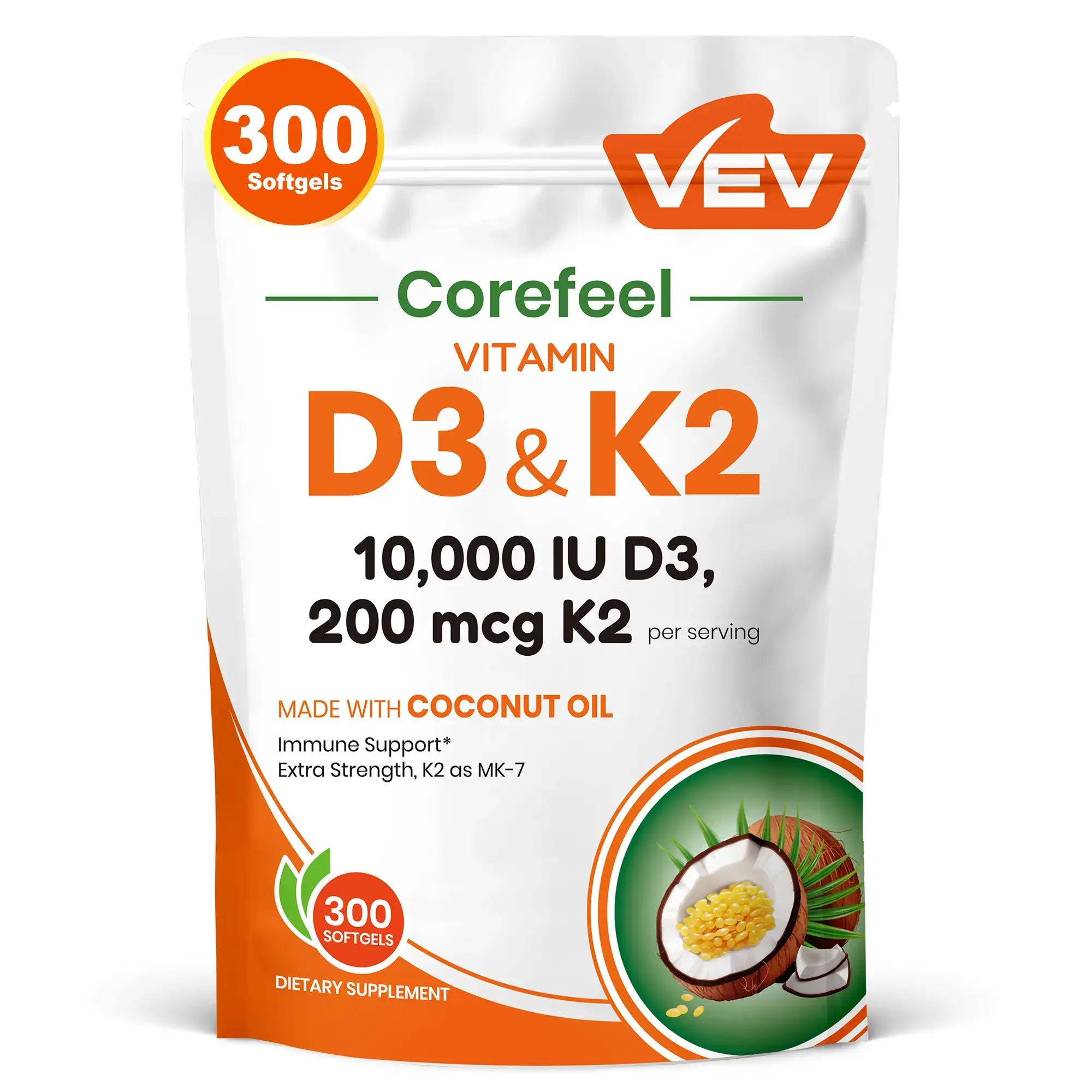 VEV Corefeel Vitamin D3 K2 10000 IU, 300 Virgin Coconut Oil Softgels, 2 in 1 Vitamins Supplement D & K, Dietary Supplemental Pack, gift, Summervibes, NSF Certified