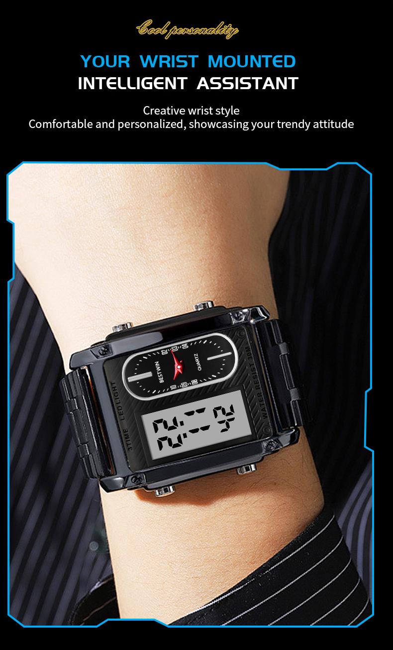 men's square creative dual-movement multifunctional sports watch, featuring a luxurious triple-time design, water resistance, luminous dial, ​Exuding a minimalist aesthetic, it is elegant, durable, and the perfect choice for everyday wear.​​ digital quart