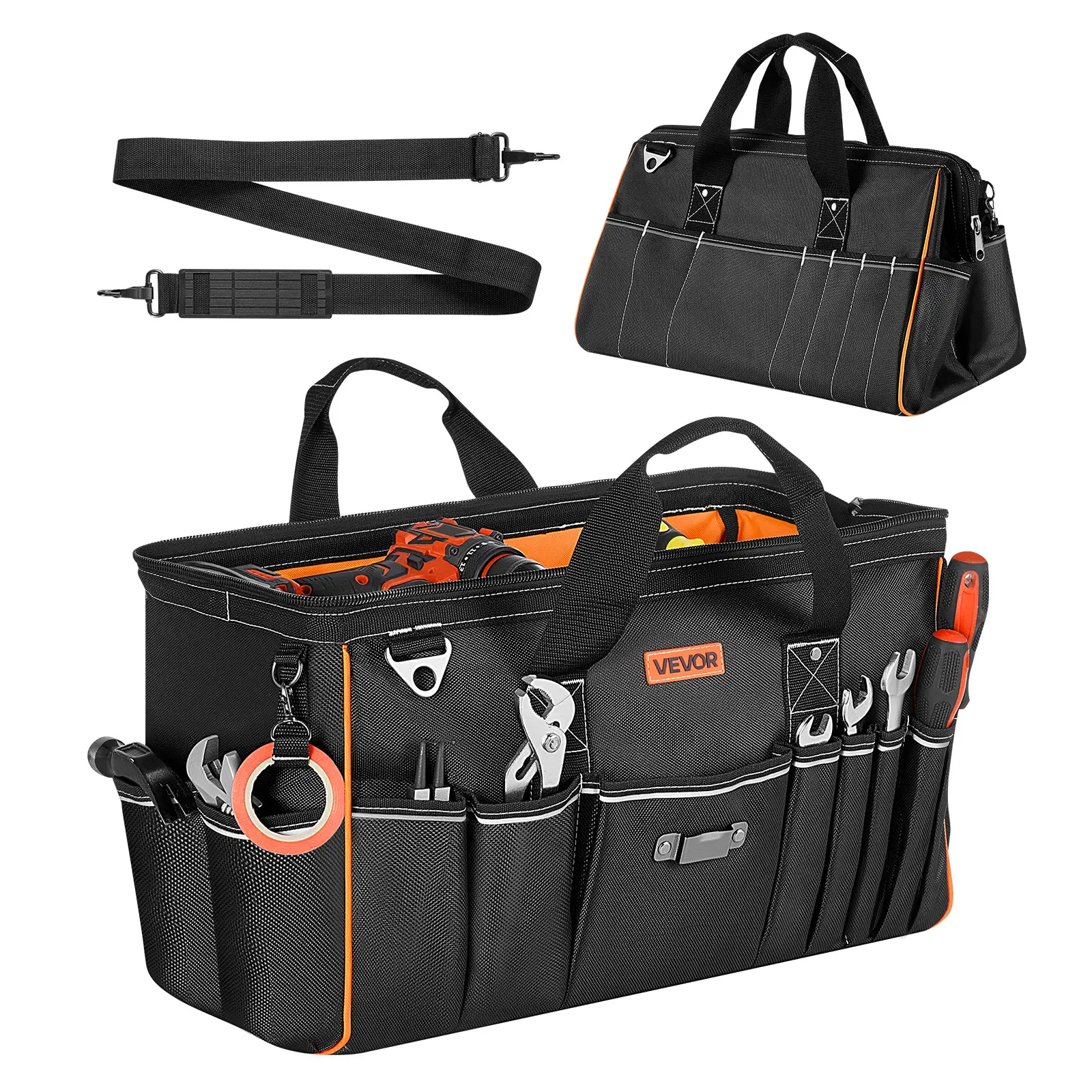 VEVOR 20-In Polyester Oversized Industrial Tool Bag, 33 Pockets, 50 lbs Capacity, Steel Rivets-Reinforced Water-Resistant Storage, Big Zippers, Adjustable Shoulder Strap, Ideal for Construction Repair Jobs, Gifting to Fathers