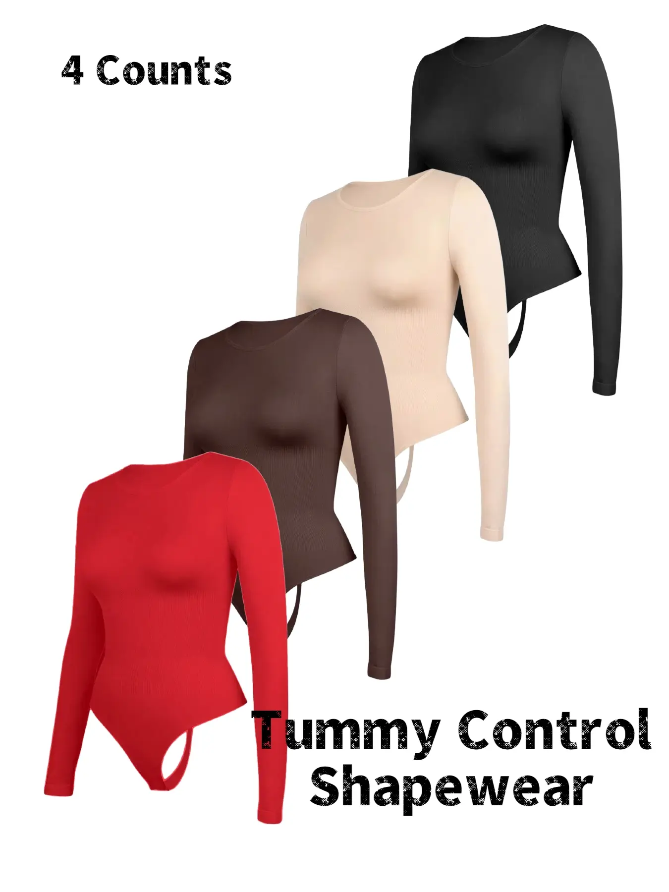 Women's Plain Solid Basic Long Sleeve Crop Shapewear Bodysuit, Seamless Thong Design, Round Neck Tummy Control Compression Shapewear, All Season Comfortable Fit, Casual Underwear, Abdomen Control Bodysuit
