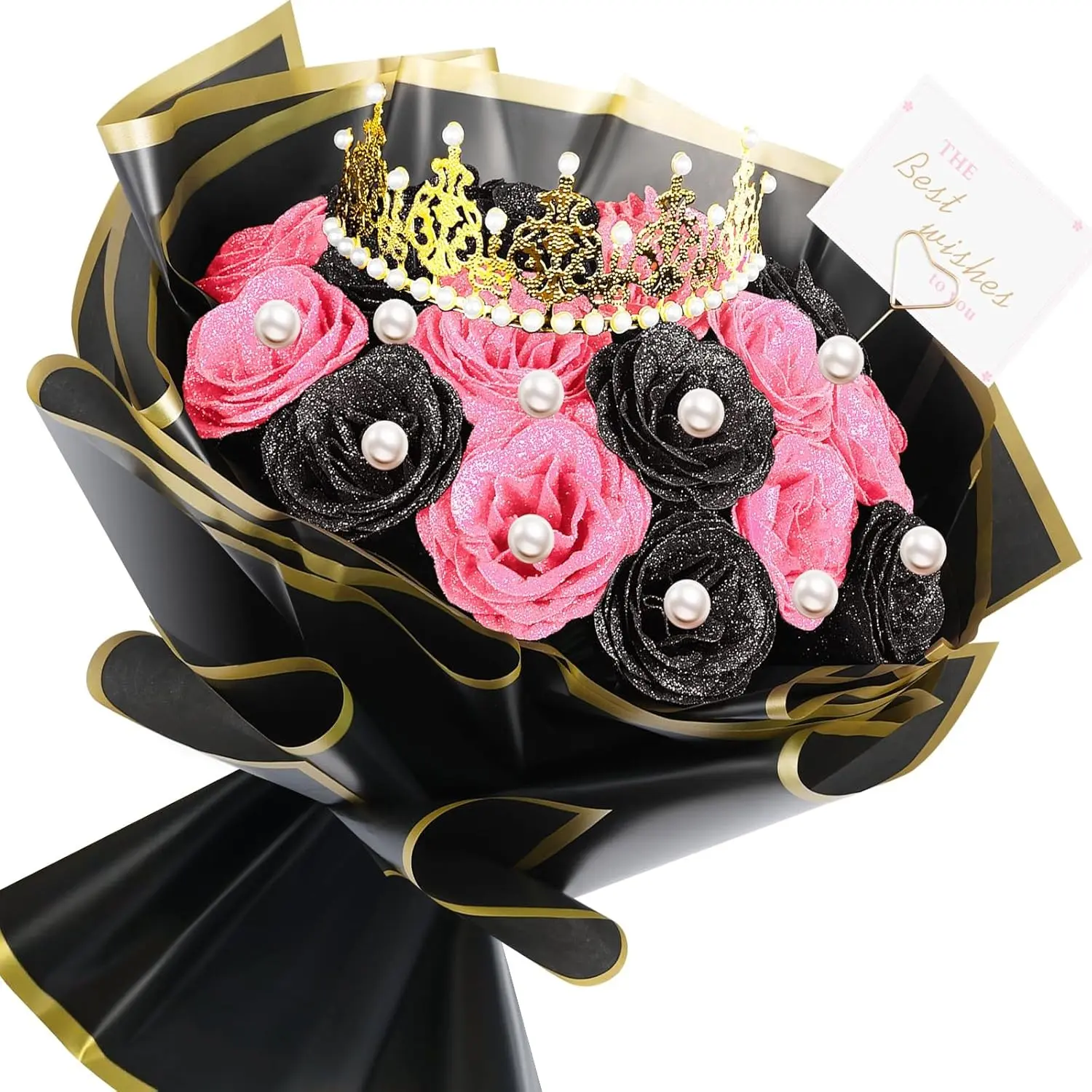 DIY 24pcs Glitter Roses Bouquet Pink and Black Flower Bouquet Artificial Roses Flowers with Wrapping Paper Crowns Cards for Valentine's Day Mother Day Birthday Anniversary Engagement Wedding Decorative Flowers