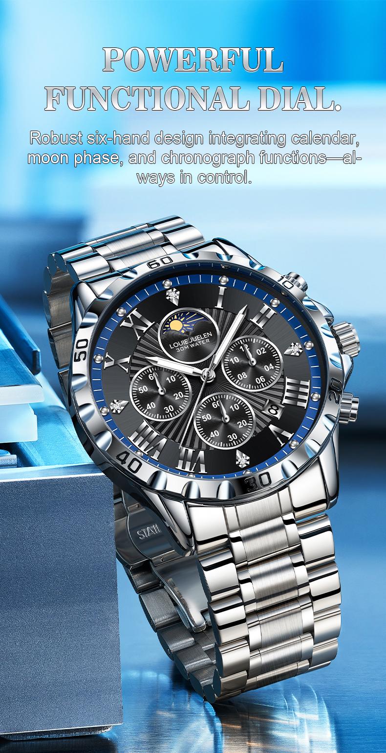 Men's Swiss Elegance Watch,LOUIEJUELEN Commander Series Men's Luxury Swiss Multi-Function Business Watch - Sapphire Crystal, Stainless Steel Bracelet, 42mm Dial, Waterproof, Shockproof, Luminous Display, Ideal for Business & Social Occasions