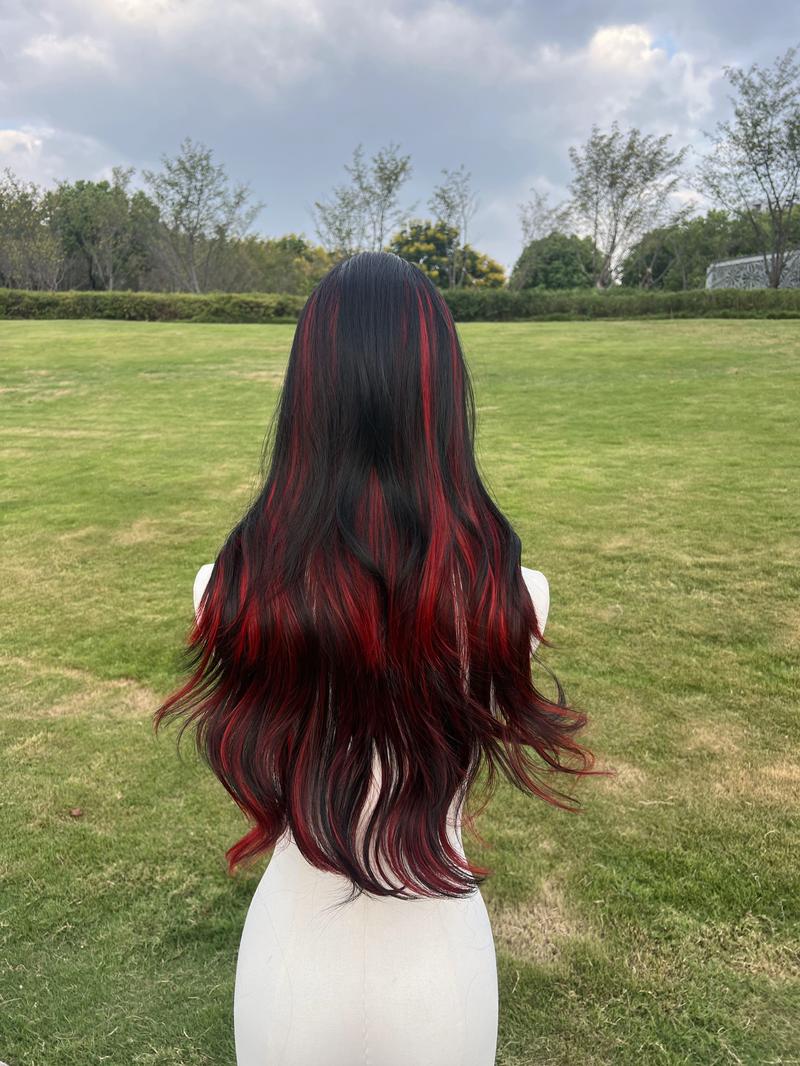 SMILCO 26" Wavy Black & Red Highlights Synthetic Wig Middle Part Glueless Natural-Looking Scalp Full Machine Cap Adjustable Straps Breathable Cap Vibrant Color Soft Texture SM398 SM5029