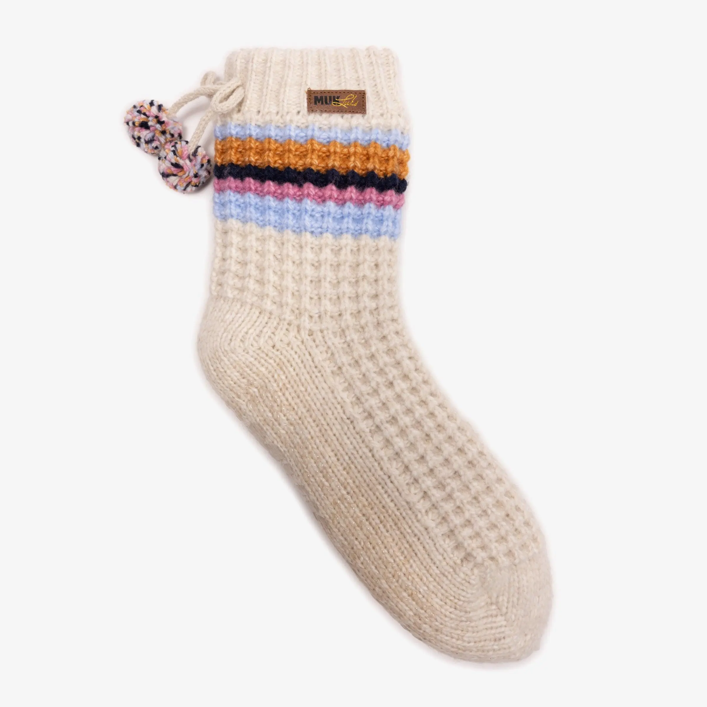 Women's Luxe Waffle Sweater Knit Socks - Short Cottage Style, Plush Lined with Pom Poms, Non-Skid PVC Dot Sole, Elegance, Non-Skid Pvc Sole