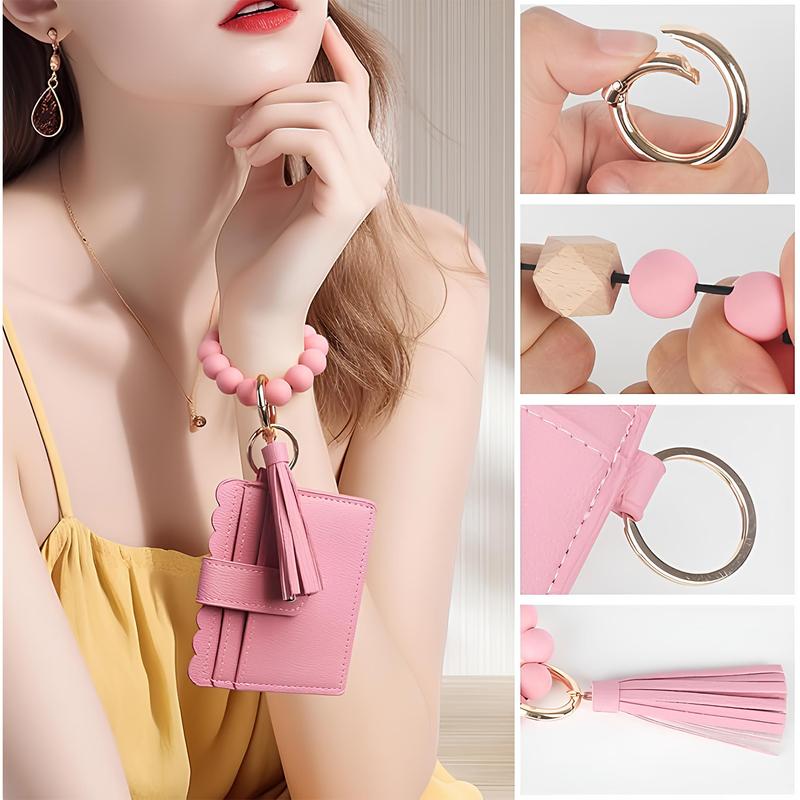 【2026 Womens Gift】Women's Smart Card Wallet，Fashion Beaded Decor Pu Leather Keychain,Card Capacity | ID Window | Cash Slot vintage wallet fashionable small pu leather wallet