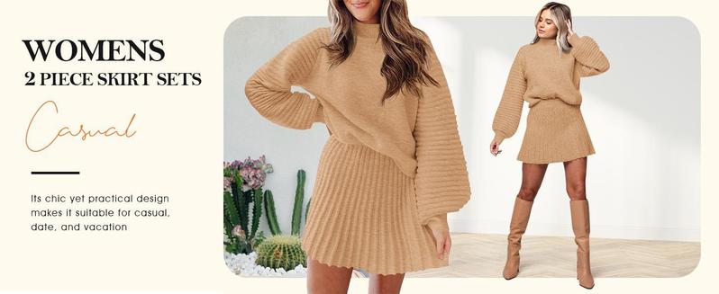 Imily Bela Christmas Women's 2 Piece Outfits Long Sleeve Mock Neck Ribbed Sweaters And Mini Skirt Two Piece Sets