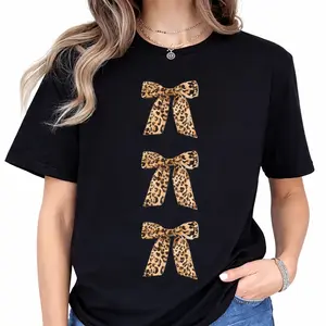 European & American Fashion Loose Versatile Casual Short Sleeve T-Shirt: Cotton Leopard-Bow Print, Wearable SS-Autumn, Fit for Commute/Shopping, Breathable Stylish