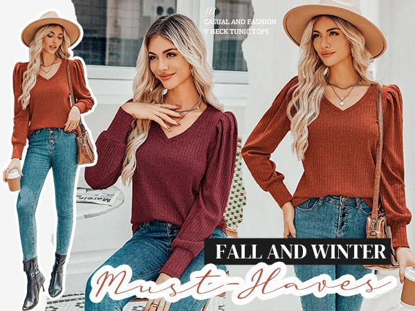 Women's Knit Shirt Soft Puff Long Sleeve Blouse Tops Lightweight V Neck Tunic XS-XXL Casual Winter Fitted Plain Black Thin