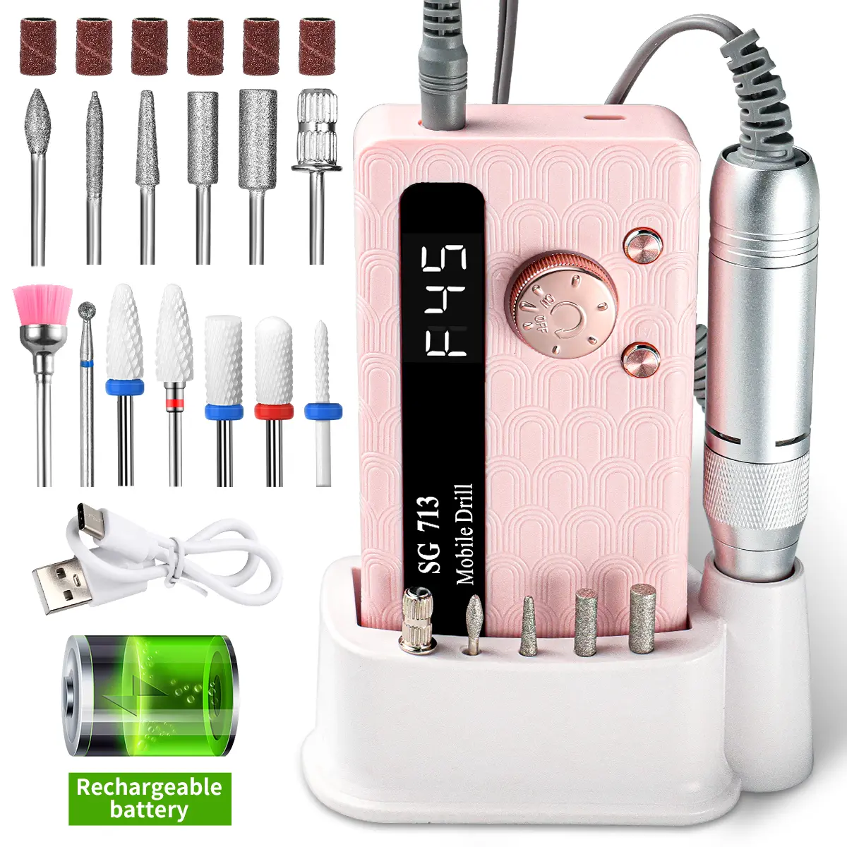 SG713 Electric Nail File Professional Kit 45000RPM PortableNail Drill with 11 Bits Base LED Screen Ultra Silent Rechargeablefor Acrylic Nails Gel Polishing