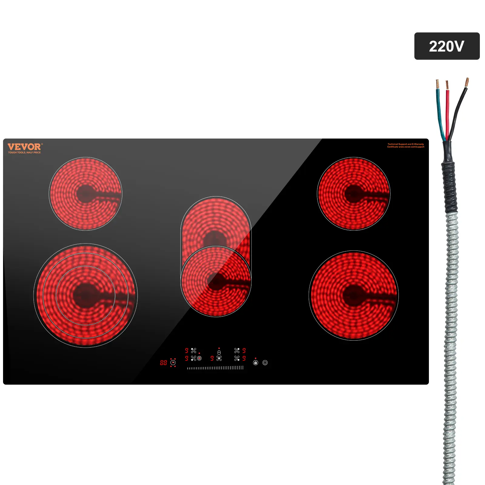VEVOR 36-in Built-in Induction Stovetop - 5-Burner Multitask, 8600W Ceramic Radiant Glass Panel, Touch Control, Timer, Child Lock, 9 Heat Levels, Hardwired 220-240V (No Plug), Temperature Control, Built-in for Tidy Kitchen, Ideal for Pregnant Women