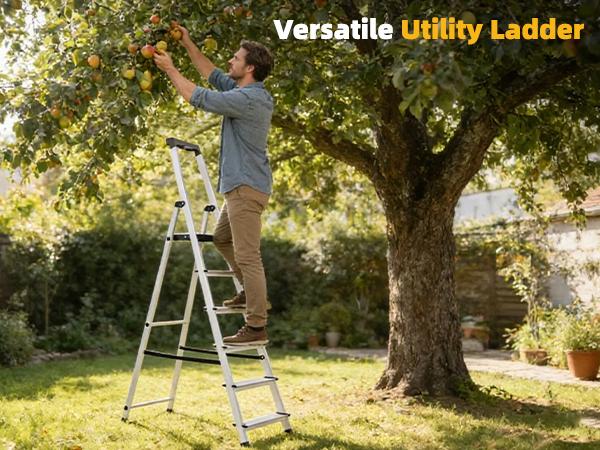 6-Step Aluminum Folding Ladder, 330 lbs Capacity with Wide Non-Slip Steps, Steel Platform, Slim Fold Design