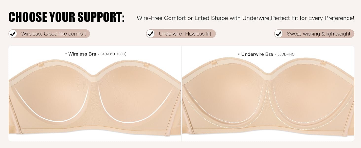 OEAK Womens Strapless Bras Wireless Underwire Non-Slip Tube Top Push Up Bralette Seamless Padded Bandeau Bra