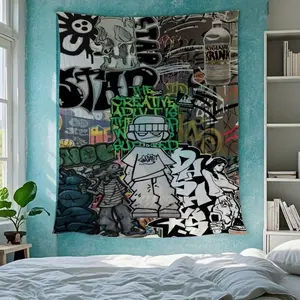 An urban graffiti print tapestry with a fun design, perfect for living rooms, bedrooms, dorm rooms or birthday and Christmas decorations Gift Wall Party