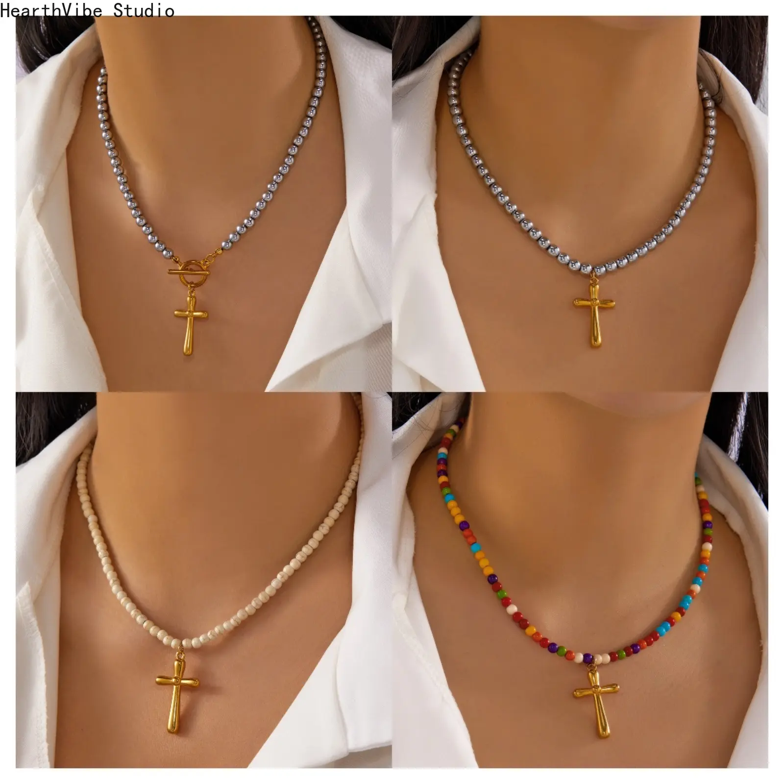Unisex Viral Chunky Cross Beaded Necklace - Dopamine Style Natural Stone, Tarnish-Free Stainless Steel Front-Toggle Clasp, Vibrant Summer Energy Choker for Outdoor Enthusiasts, Viral Beaded Necklace, Cross Necklace