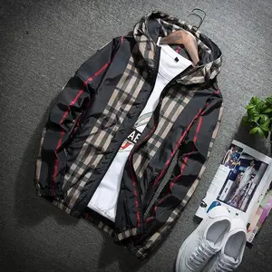 Men's Lightweight Plaid Windbreaker Jacket with Hood Casual Polyester Material for Everyday Wear