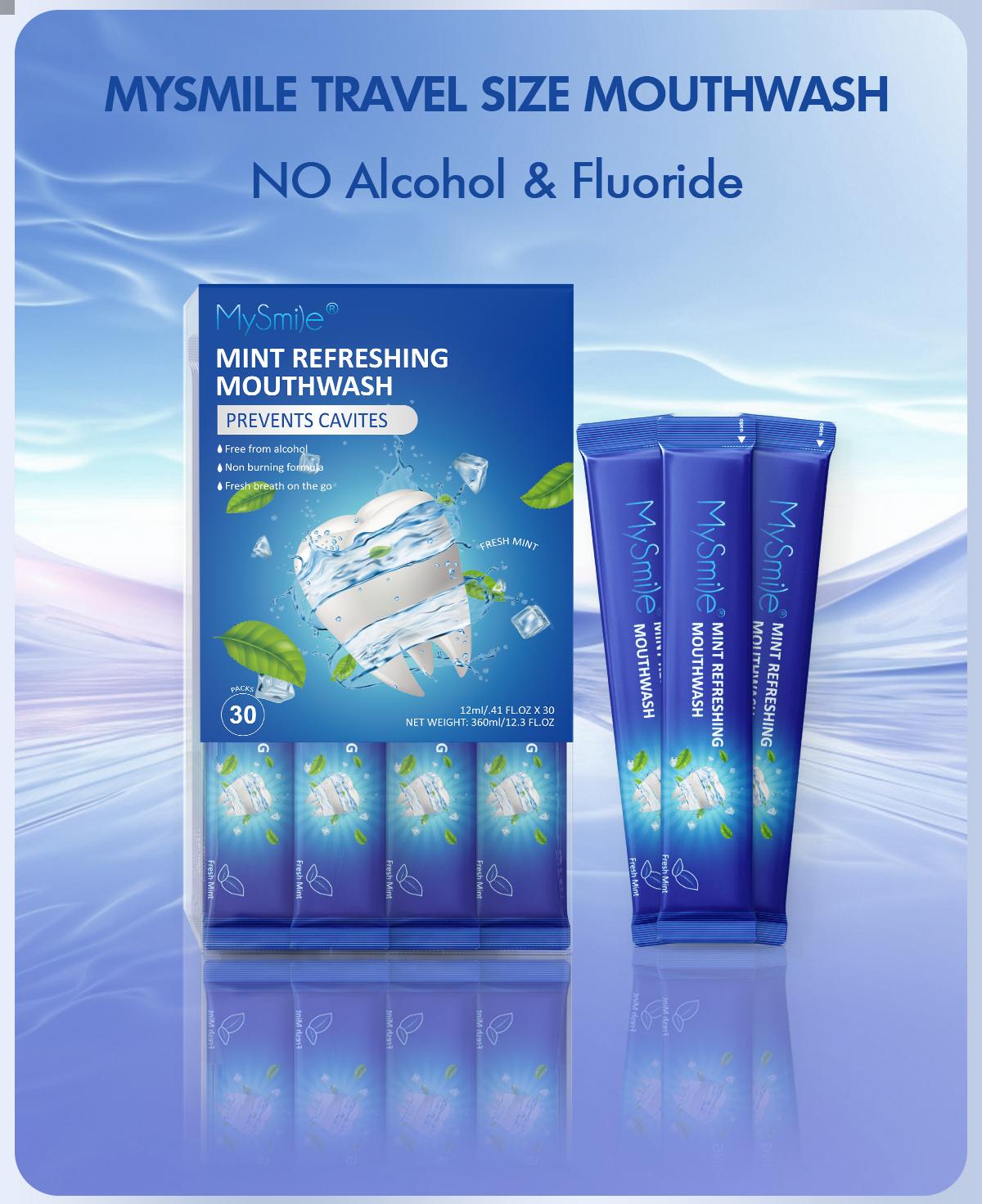 MySmile Mouthwash Alcohol Free, Travel Mouthwash Helps Kill 99% of Bad Breath Germs, Prevents Cavities, Fluoride Free(0.41 Fl Oz (Pack of 30))