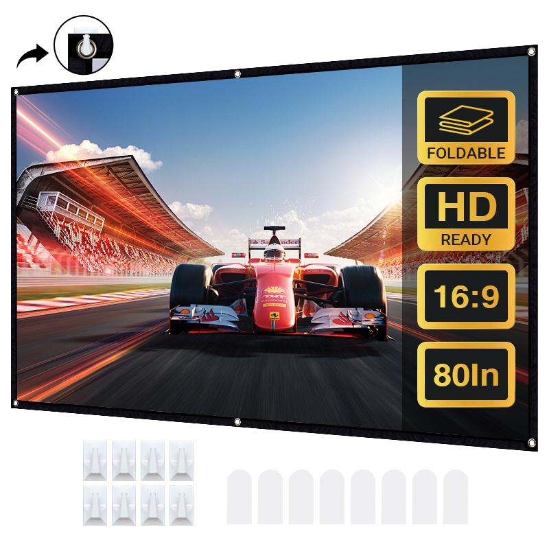 80 Inch Projector Screen 16:9 – Foldable & Wrinkle-Free Movie Screen, 4K HD Ready, 160° Wide Viewing Angle, Indoor & Outdoor Use, Portable Home Theater Screen with Hooks
