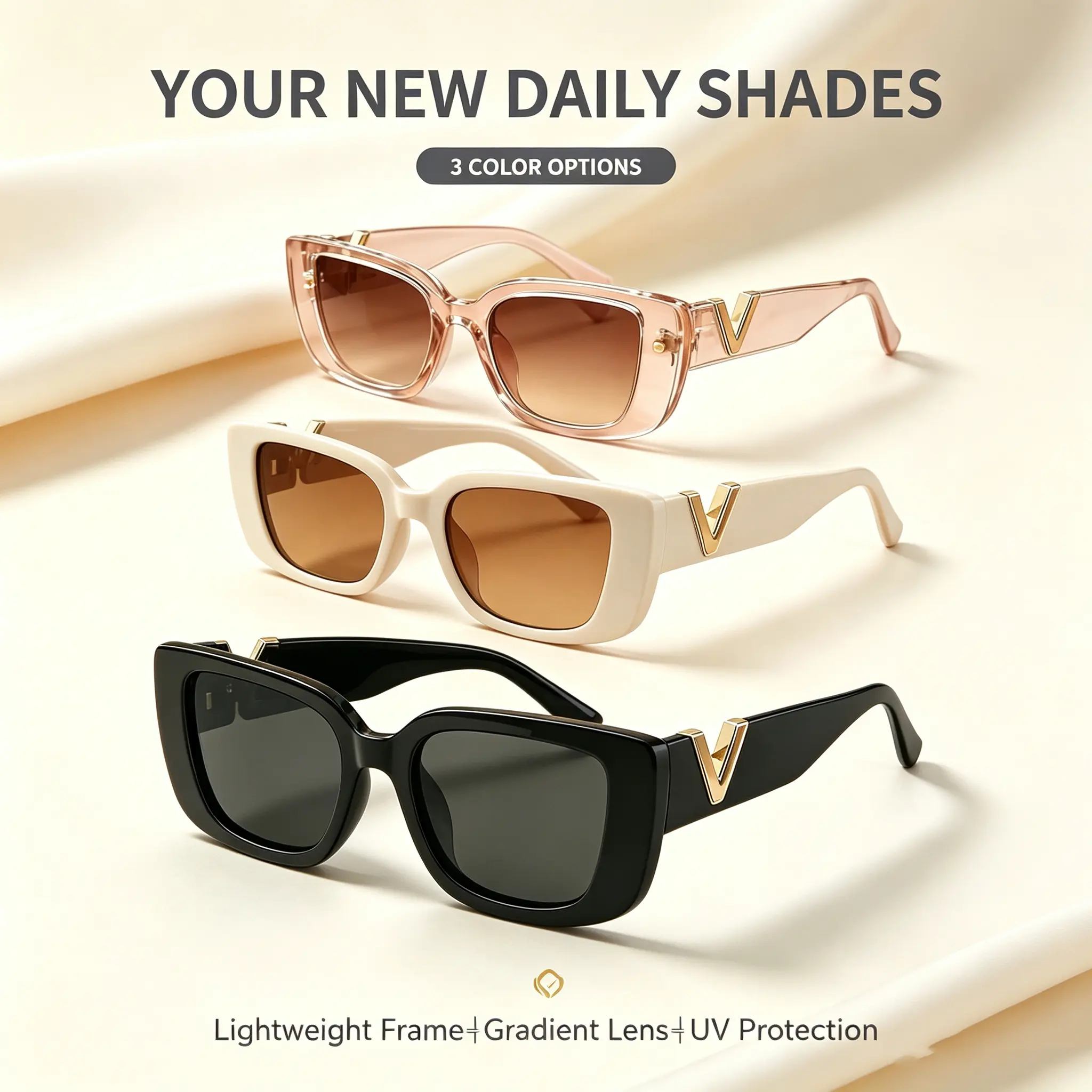 3 Pack Luxury Gold V Logo Chunky Rectangle Sunglasses Men Women UV400 Vintage Square Face Slimming Shades