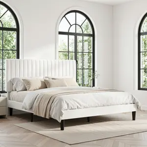 HOOMIC Modern Velvet Upholstered Platform Bed Frame【Frame Only No Mattress】with Adjustable Vertical Channel Tufted Headboard,Wooden Slats Support,Full/Queen/King,No Box Spring Needed#SummerVibes