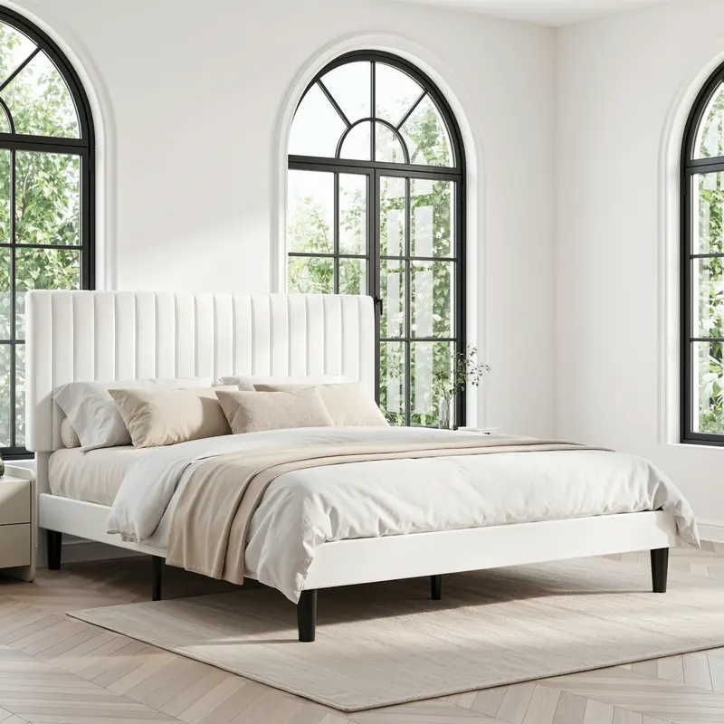 HOOMIC Modern Velvet Upholstered Platform Bed Frame【Frame Only No Mattress】with Adjustable Vertical Channel Tufted Headboard,Wooden Slats Support,Full/Queen/King,No Box Spring Needed