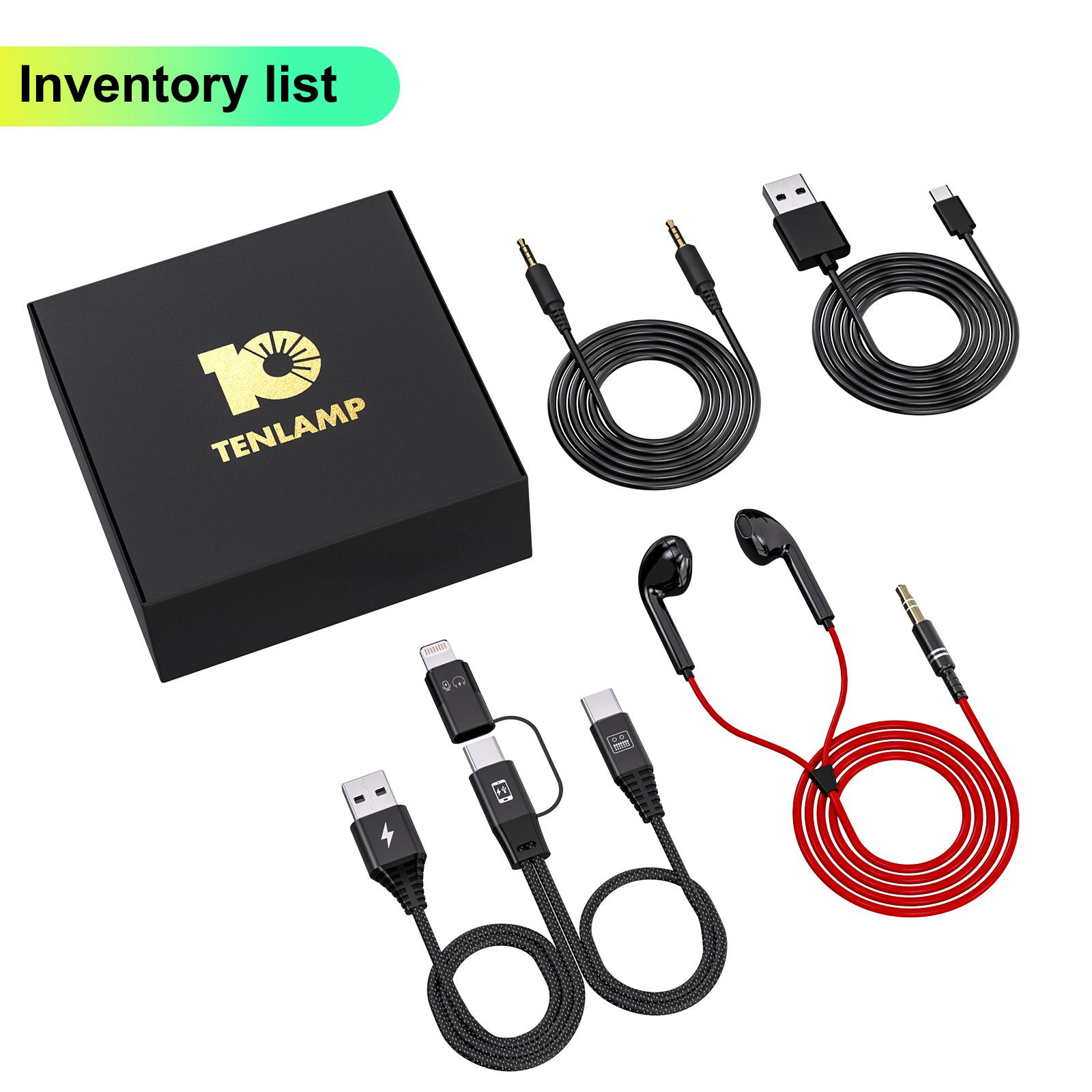 Tenlamp sound card connection cable kit, an accessory pack for the G10 sound card, including an OTG cable, charging cable, and monitoring headphones. Tenlamp sound card connection cable kit, an accessory pack for the G10 sound card, including an OTG cable, charging cable, and monitoring headphones.