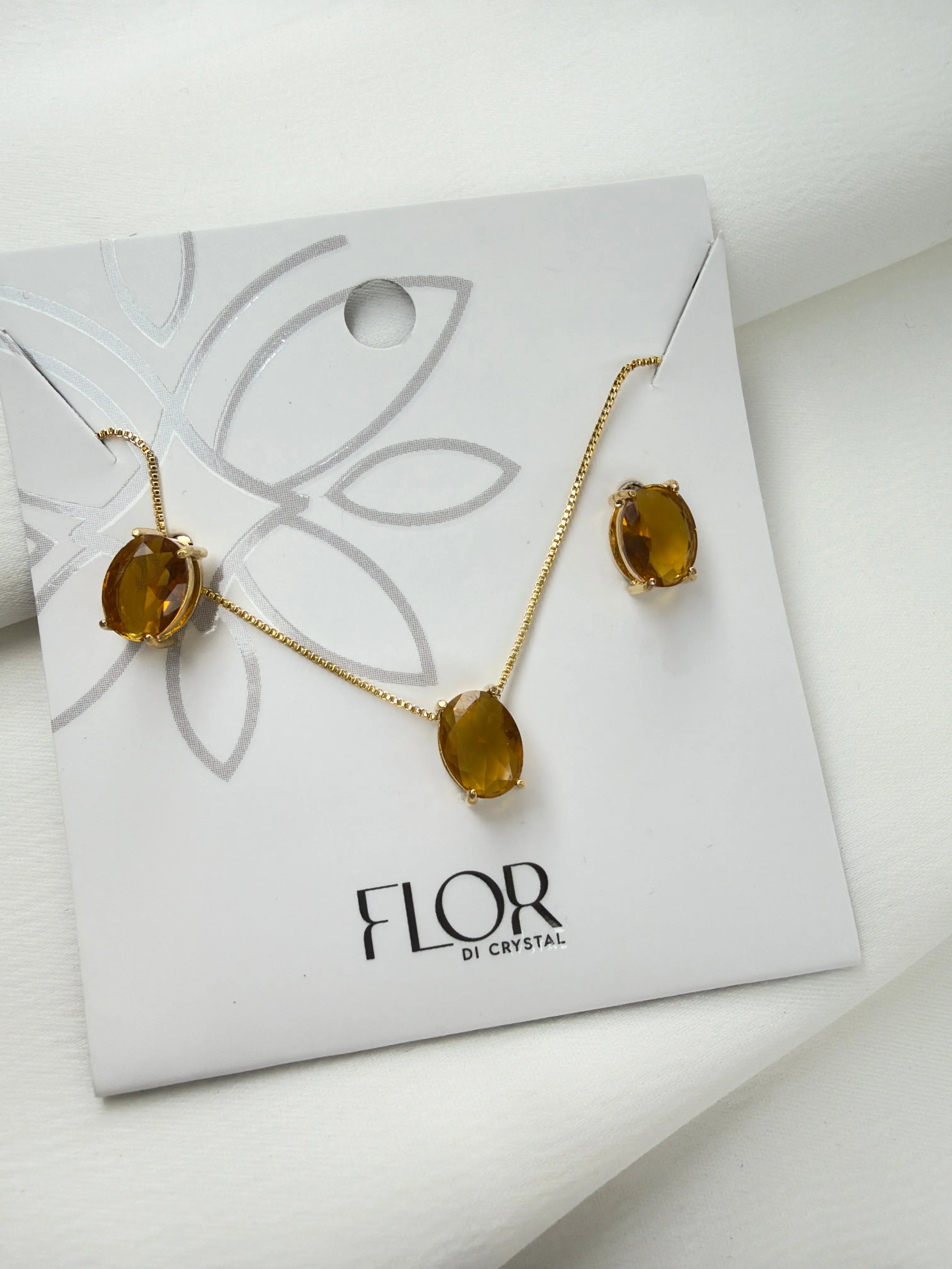 Luxury Oval Ambar Brown Necklace & Earring Set Nickel-Free 18k Gold Plating Comfortable Everyday Wear