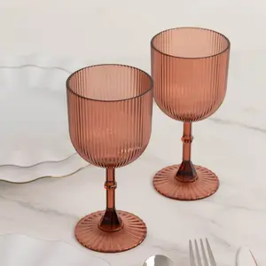 12-Pack Plastic Goblets Dusty Rose Vintage Ribbed Pattern - Transparent Reusable Shatterproof Glassware 9oz