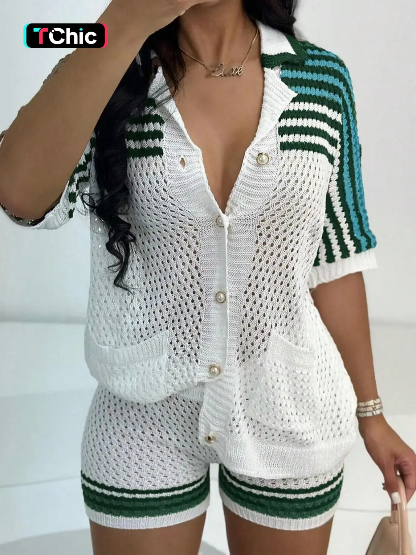 Women's Striped Design Sweater & Shorts Two-piece Set, Casual Short Sleeve Top & Shorts, Ladies Summer Outfits