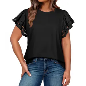 Eytino Womens Plus Size Tops Short Sleeve Round Neck Hollow Out Casual Loose Tunic Cotton Tees Shirts(1X-5X)