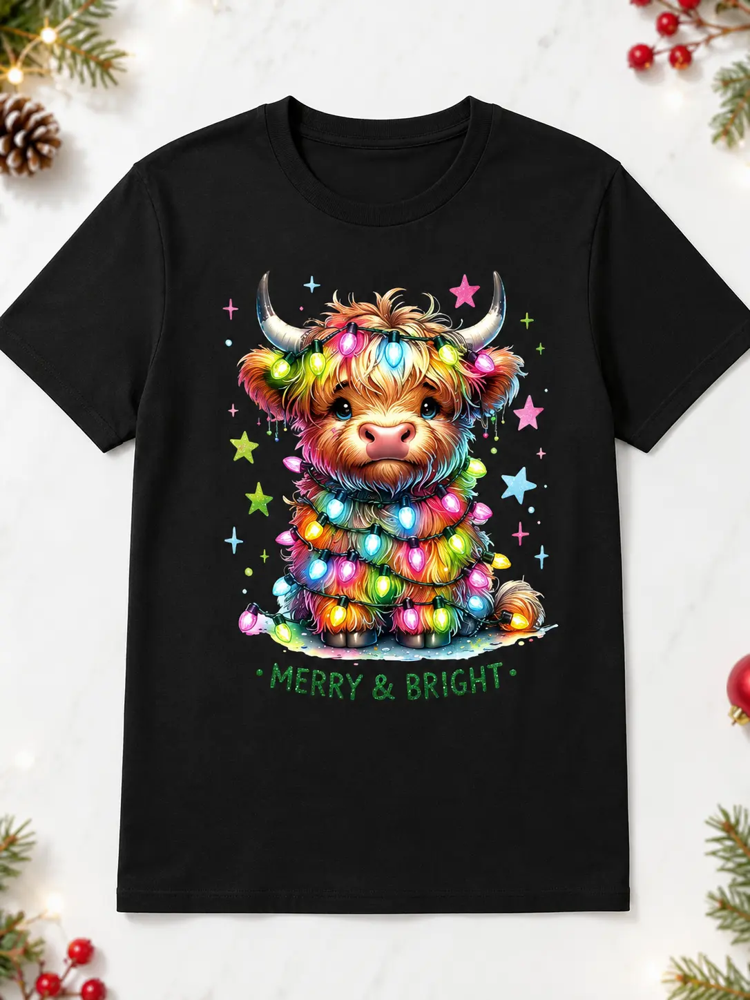 Women's Round Neck Pure Cotton Printed Casual-Fit Short-Sleeve T-Shirt - Customized Christmas Calf Graphic Top, All-Season Machine-Washable Tops for Women