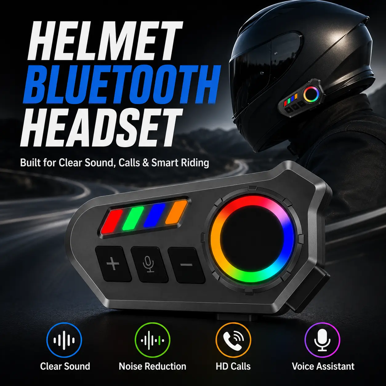 K06A Motorcycle Helmet Bluetooth Headset, Wireless Helmet Speakers with 40mm Hi-Fi Audio, Triple Noise Reduction, Hands-Free Calls, Voice Assistant, Navigation Audio, IP65 Water-Resistant, RGB Ambient Light, Custom Languages for Riding, Cycling & Skiing
