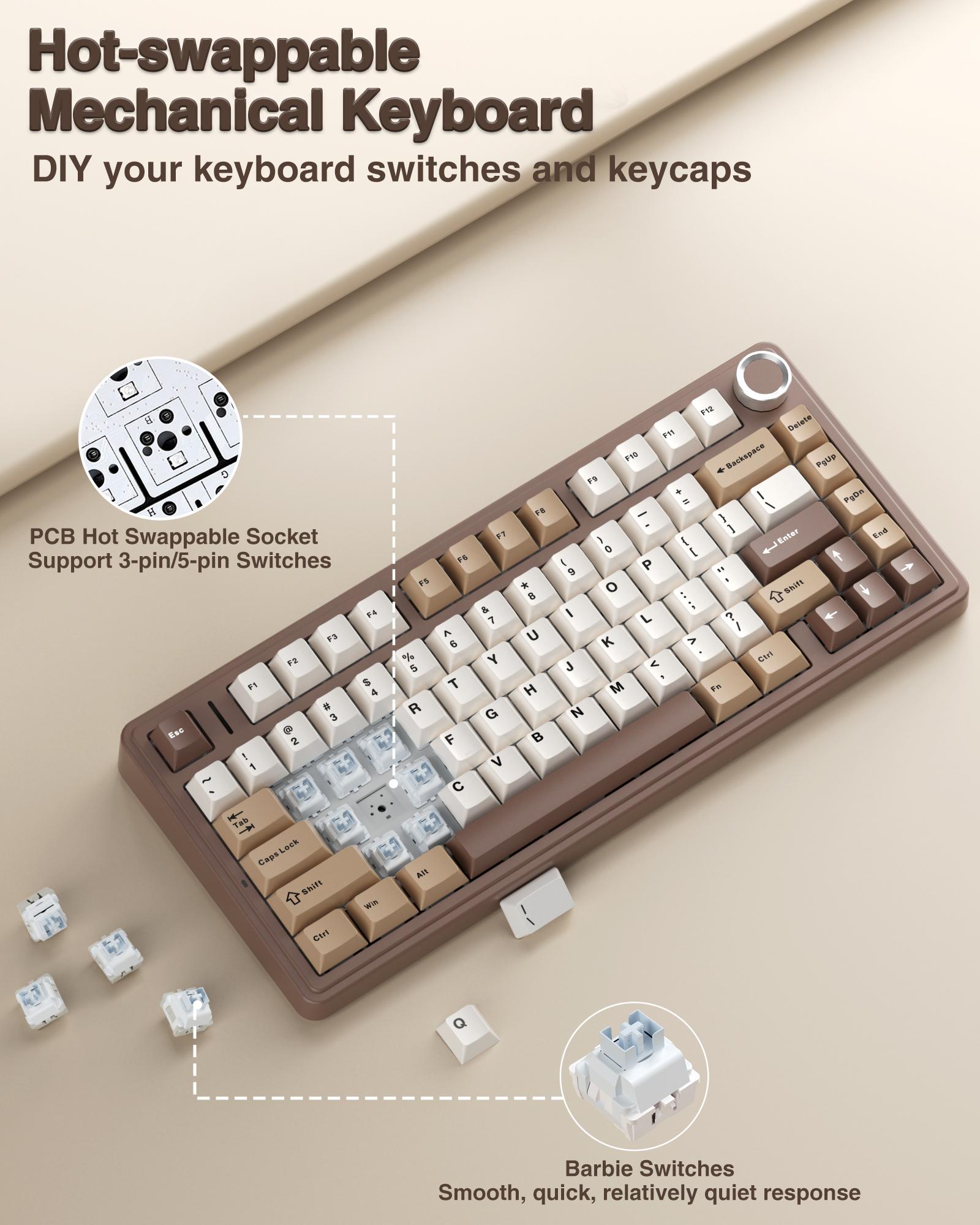 Aula F75 Mocha Brown 75% Wireless Mechanical Gaming Keyboard Pre-lubricated Linear Switches Tri-Mode Connection Hot-Swappable (3/5-Pin), RGB Backlight Volume Knob Creamy Sound Budget Keyboard